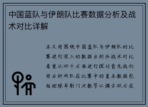 中国蓝队与伊朗队比赛数据分析及战术对比详解